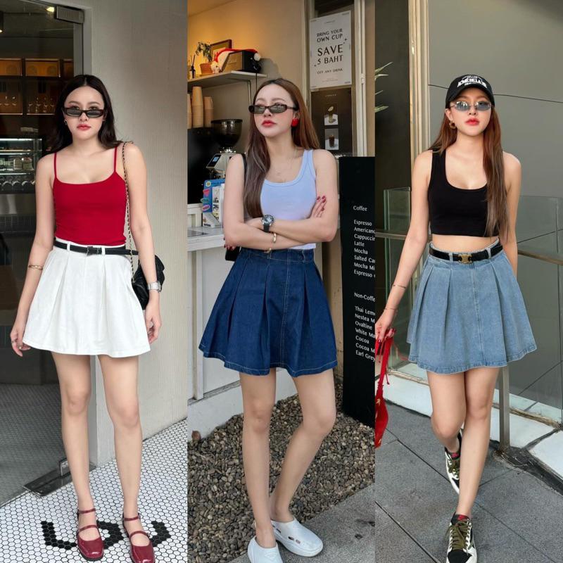 MALIMAYS - Bump denim skirt กระโปรงยีนส์จับจีบรอบตัว มีกางเกงซับใน