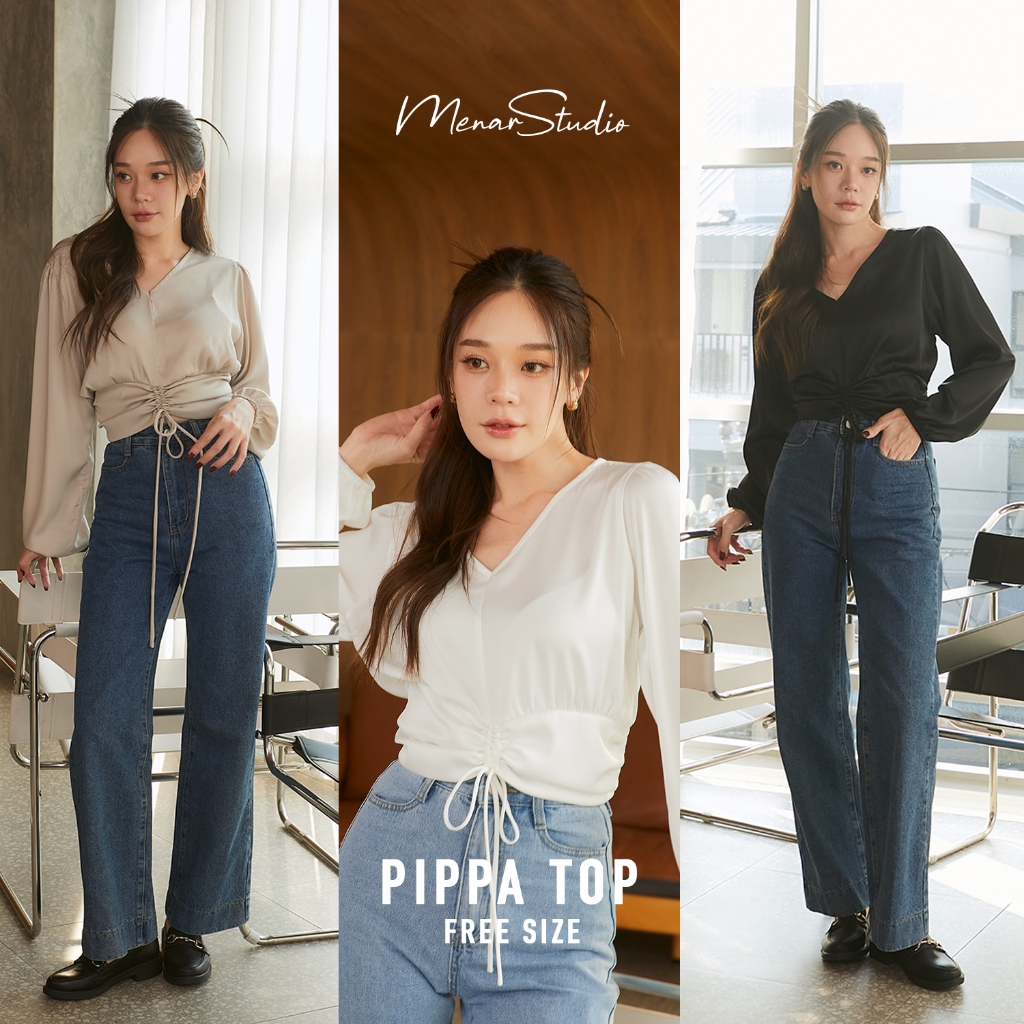 [ PIPPA TOP ] แขนยาวทรงครอปที่ไม่สั้นเกินไป มีลูกเล่นผูกที่เอว สามารถปรับระดับได้ตามที่ชอบเลยค่ะ และผ้านุ่มสุดๆไปเลย