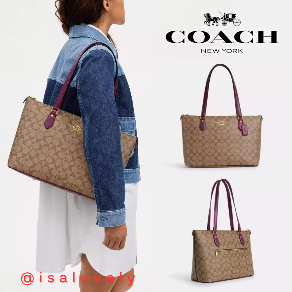 📌Isa Lovely Shop📌  Coach CH504 Gallery Tote In Signature  Color: IM/KHAKI DEEP BERRY