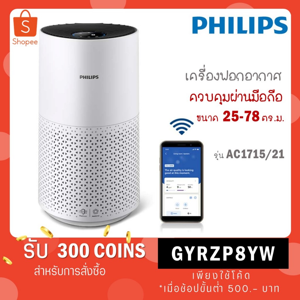 Philips Air Purifier เครื่องฟอกอากาศ AC1715/21 สำหรับห้องขนาด 25-78 ตร.ม.