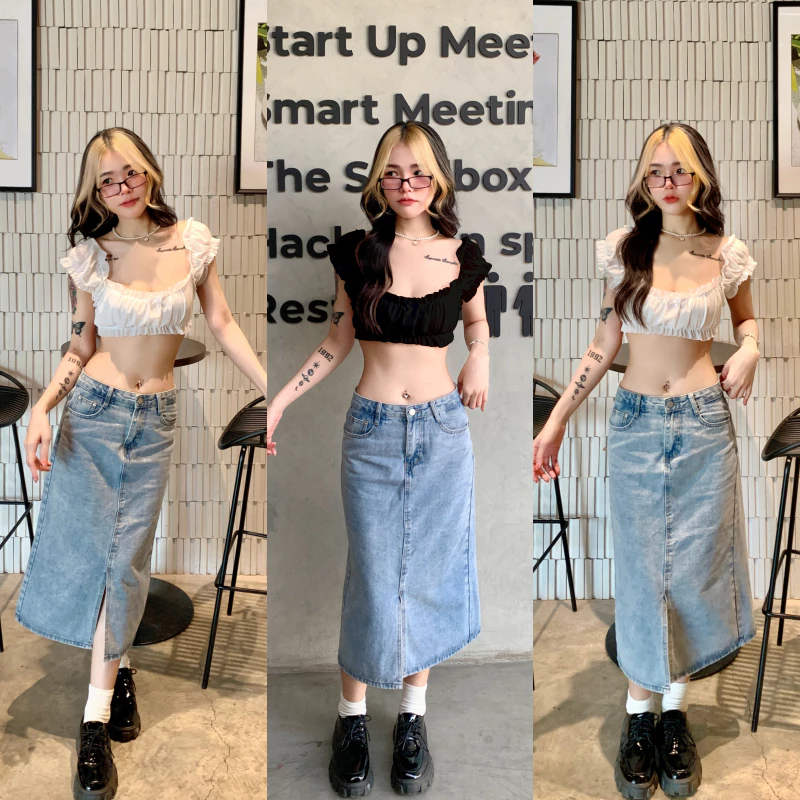 🌈SpinnyHouse🌈เสื้อครอปแขนตุ๊กตา แต่งโบว์ช่วงอกน่ารักมุ้งมิ้ง ผ้ามุ้งยืดเยอะ 🥴 สไตล์เวียดนามม้าก รุ่น โบว์รัก B-007-3-B
