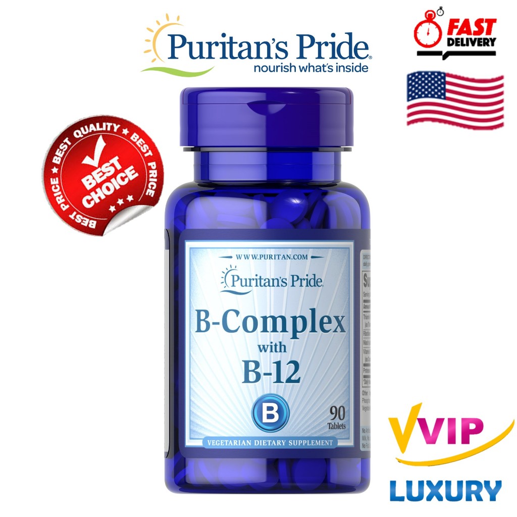 Vitamin B-Complex and Vitamin B-12 / 90 เม็ด Puritan's Pride exp05/2026