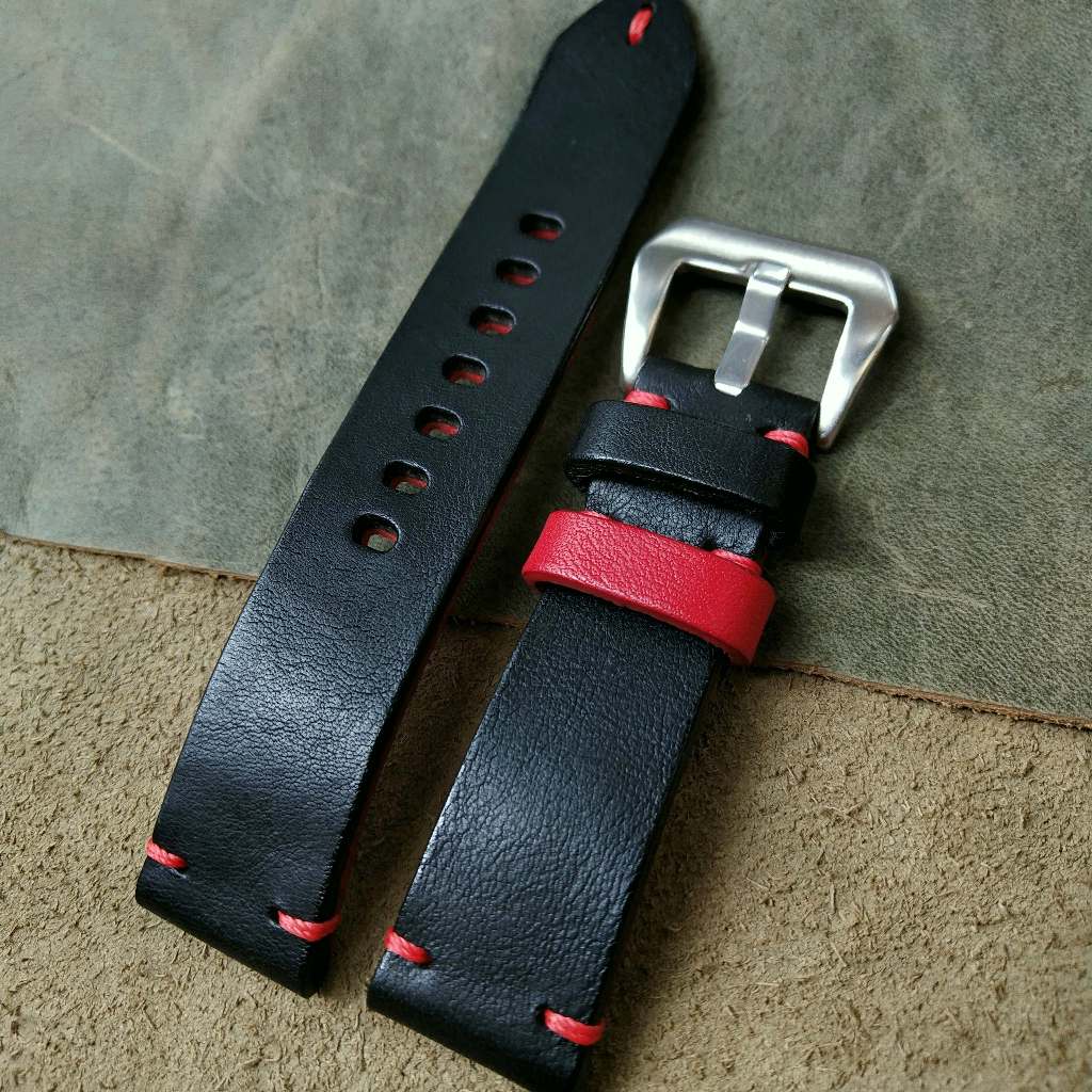 สายนาฬิกาหนังแท้ สีดำ-แดง #รุ่น Black_Red งานhandmade มีขนาด18-30mm.แถมฟรีสปริงสำรองและที่เปลี่ยนสาย - รูปที่ 2