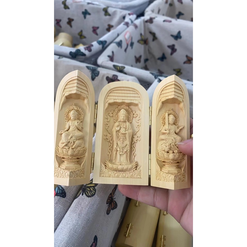 กล่องสามกล่องไม้แกะสลักไม้ Boxwood Manjushri Samantabhadra พระพุทธรูปทะเลจีนใต้เจ้าแม่กวนอิมพระโพธิส