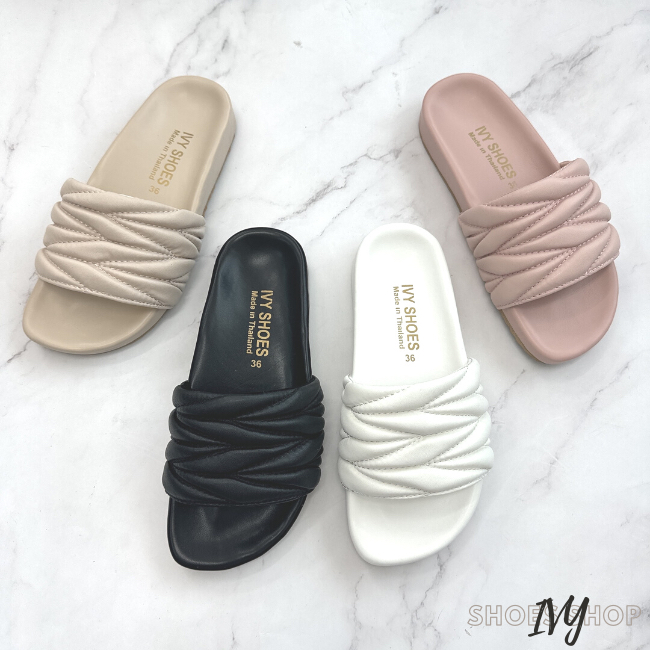 IVY SHOES รองเท้าแตะ พื้นนุ่ม แบบสวม หนังนิ่ม ลายมินิมอล มีซับใส่สบาย รองเท้าผู้หญิง (IVY18)