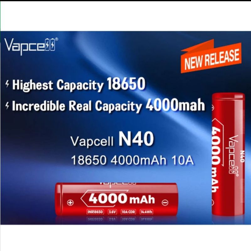 ถ่านชาร์จ 18650 Vapcell N40 4000mAh มีหัวเรียบและหัวนูน