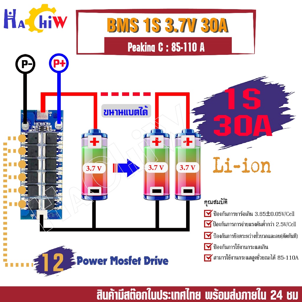 BMS 1S 3.7V 30A วงจรชาจ-ป้องกันแบตแบตลิเธียมไอออน Li-ion แบตเตอรี่ลิเธียมโพลิเมอร์  Li-po 1S 3.7V 30A Peaking C :85-110A