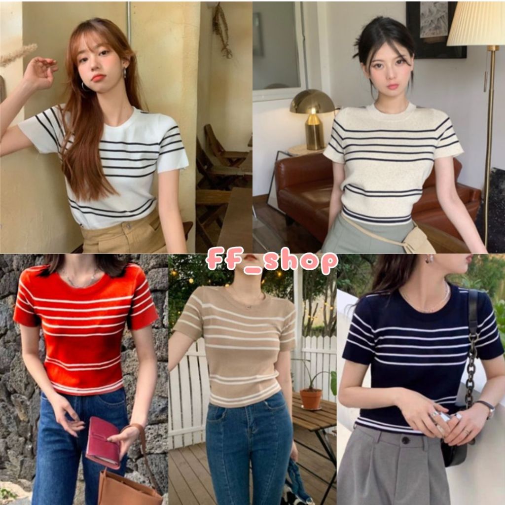 🛒FF.shop🛒 เสื้อไหมพรมแขนสั้น คอกลม แต่งลายขวาง ผ้าใส่สบาย สไตล์เกาหลี  #B32