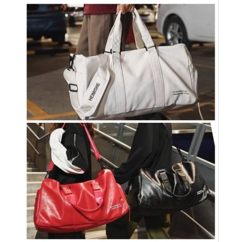 พร้อมส่งจากไทย กระเป๋าเดินทาง Travel Bags วัสดุเป็นหนัง สีขาว สีดำ สีเเดง ขนาด 18"×12"×10นิ้ว มีสายสะพายข้างใหนะค่ะ