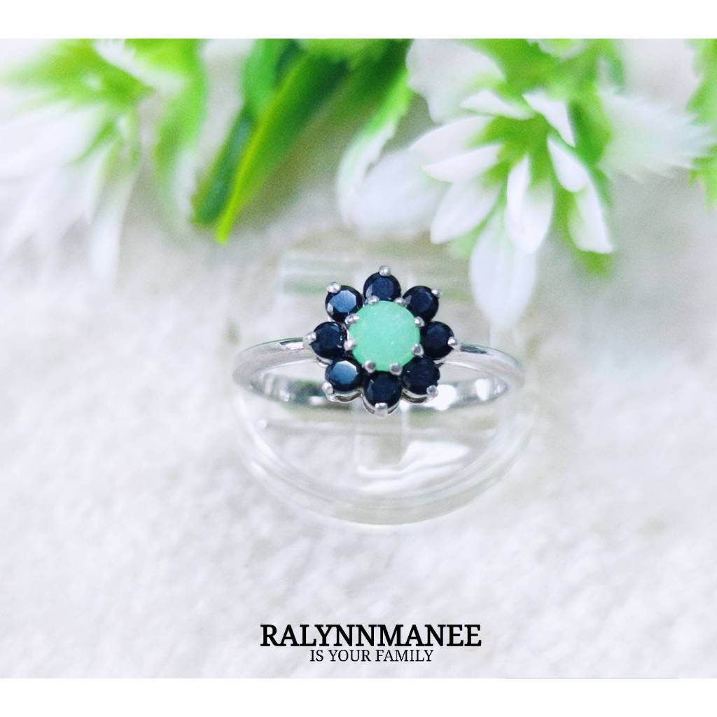 C6441 แหวนหยกพม่าแท้ (Natural Jadeite Type A) ล้อมนิลแท้(Natural Onyx) ตัวเรือนเงินแท้925ชุบทองคำขาว ไซส์ 46 แก้ไซส์ฟรี