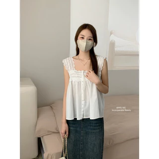 📍พร้อมส่ง📍8450#💌เสื้อแขนกุด คอเหลี่ยม งานผ้าฉลุ TAG WG.WE 🇰🇷🇰🇷