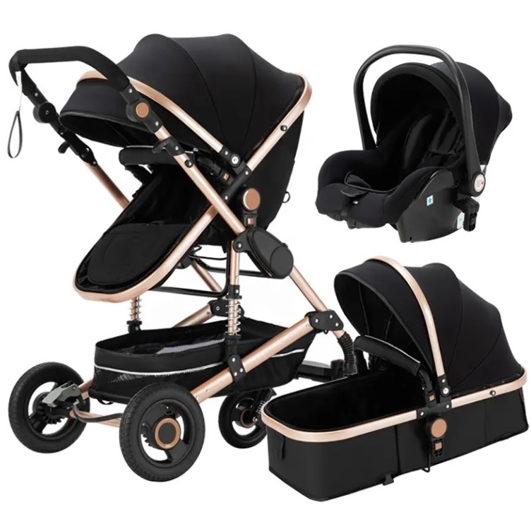[มือสอง] รถเข็นเด็ก 3-in-1 เป็นได้ทั้งคาร์ซีทกระเช้า Baby Cot และ Baby Chair สีดำ อะไหล่ทอง หรูหราหมาเห่าสุดๆ