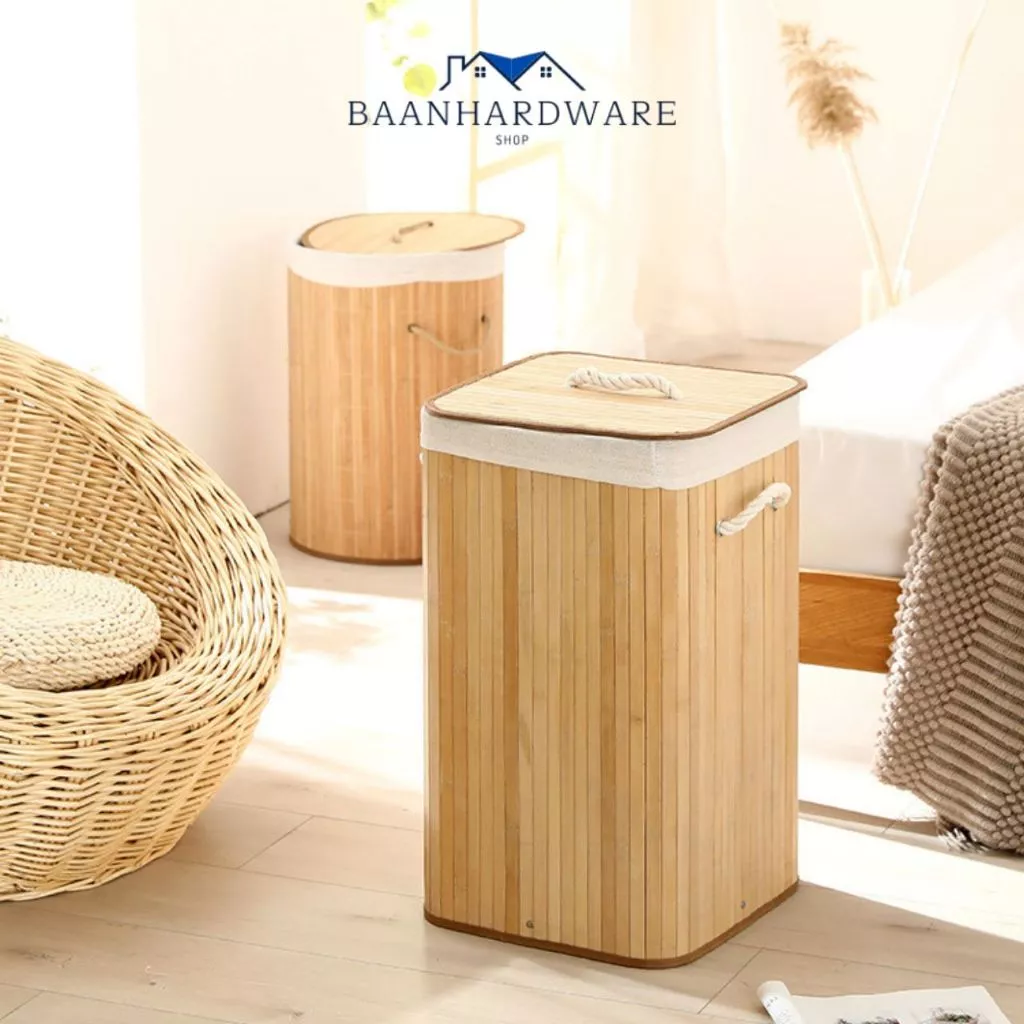 BAANHARDWARE ตะกร้าไม้ไผ่ มีฝาปิด สไตล์ญี่ปุ่น มินิมอล ใส่ของได้อเนกประสงค์ ตะกร้าเก็บผ้า LG-S001