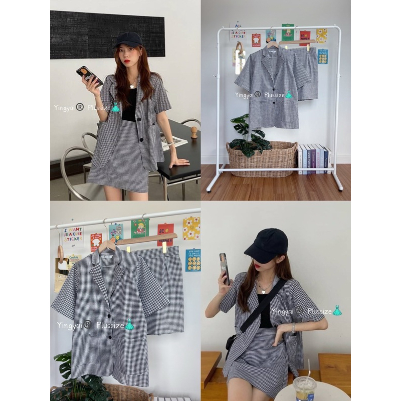 ชุด Set เสื้อสูทแขนสั้น+กระโปรงลายสก็อตสไตล์เกาหลี ไซส์ใหญ่ สาวอวบ YY