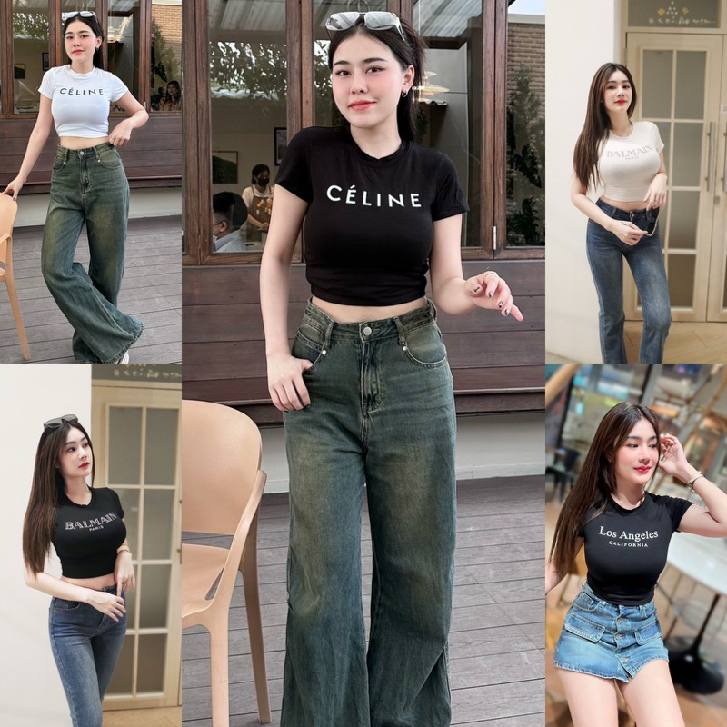 🌼เสื้ิอขาว-ดำปังไม่ไหว🌼เสื้อครอปแขนสั้นผ้าเรยอนเนื้อหนาพรีเมี่ยม  เนื้อผ้าที่ร้านสั่งทอพิเศษไม่เหมือนใคร
