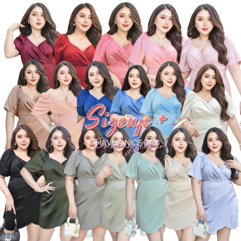 ส่งไว เดรสออกงานผ้าซาร่าสาวอวบอ้วน อก40-46(แขนสั้น)
