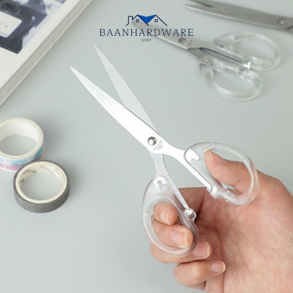 BAANHARDWARE กรรไกรสแตนเลส ด้ามจับพลาสติกสีใส พกพาสะดวก สําหรับโรงเรียน สํานักงาน ER-E040