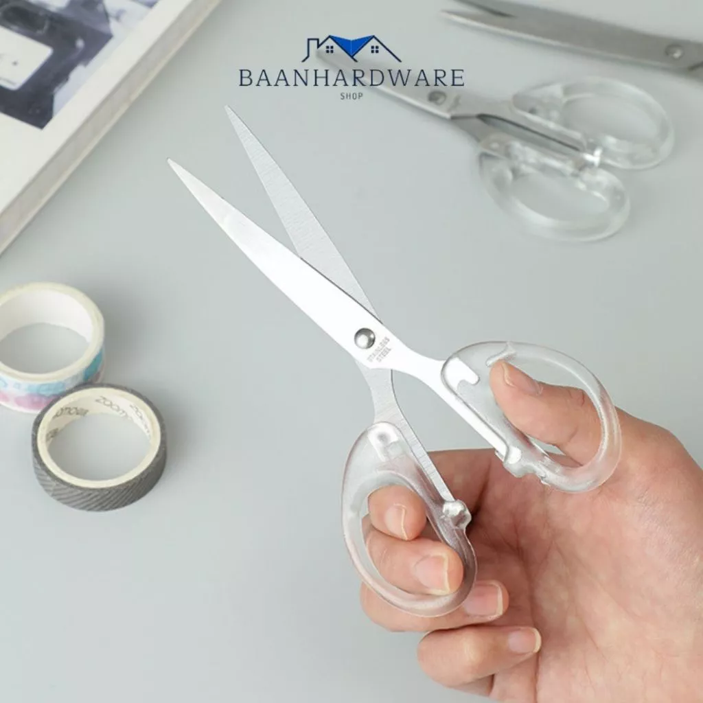 BAANHARDWARE กรรไกรสแตนเลส ด้ามจับพลาสติกสีใส พกพาสะดวก สําหรับโรงเรียน สํานักงาน ER-E040