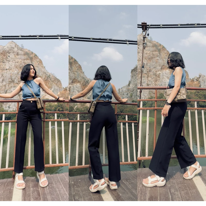 [S-3XL](TW) ARTHITTAYA.BRAND กางเกงผ้าทูเวย์ ทรงกระบอกกลาง 9 ส่วน-สีดำ