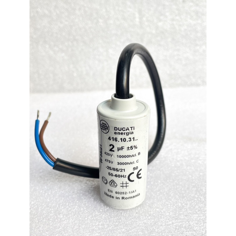 (แพ็ค1ชิ้น) คาปาซิเตอร์ 2UF 450VAC แบบสาย Made in Romania เกรดอย่างดี CAPรัน รันนิ่ง Motor Capacitor