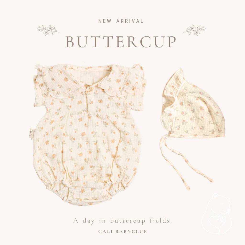 Cali ชุดบอดี้สูทคอบัว พร้อมหมวกผูกหน้า 3-6/6-12 เดือน ผ้ามัสลินทอ สไตล์เกาหลี*Buttercup*ป้าย Cali Baby