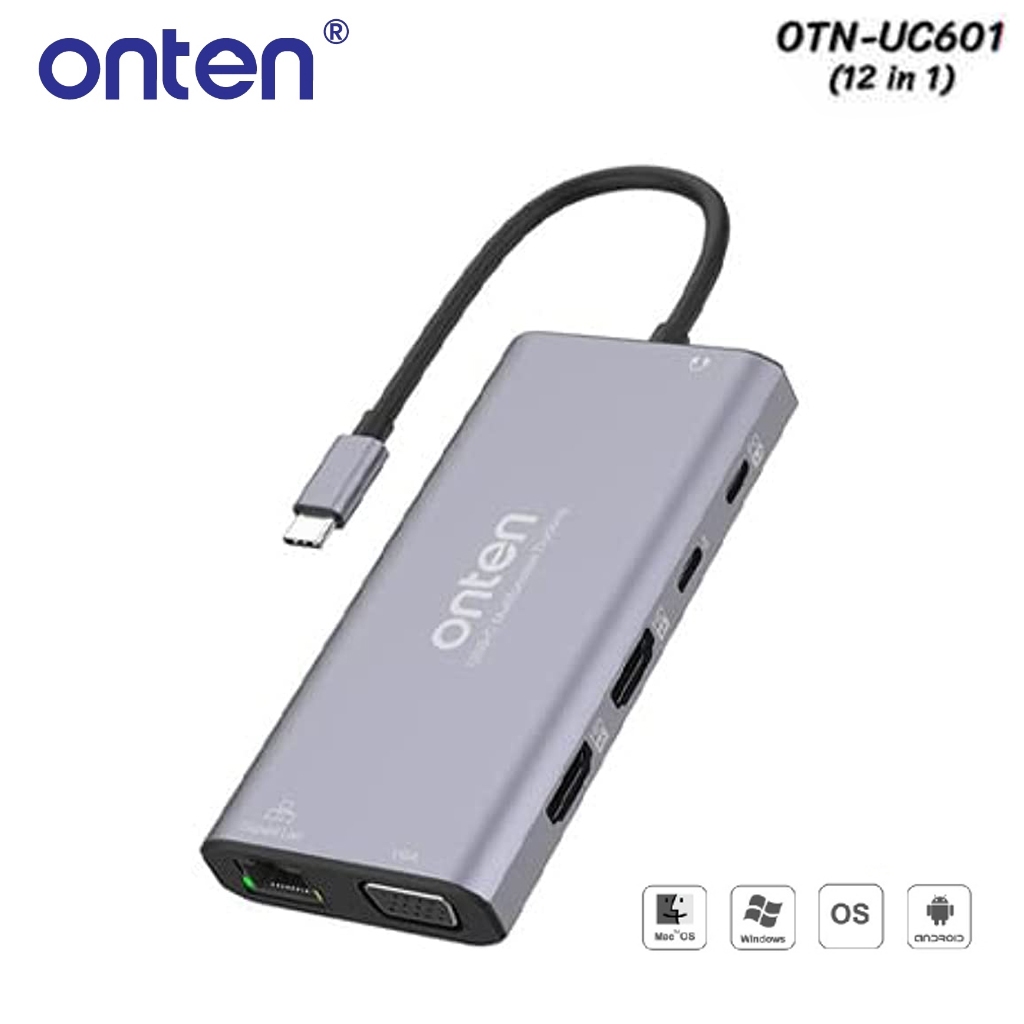 ONTEN OTN-UC601 12in1 to USB 3.0/3 Ports + 2 HDMI Port + VGA + Gigabit Lan + TF/SD + USB C Port + PD Power