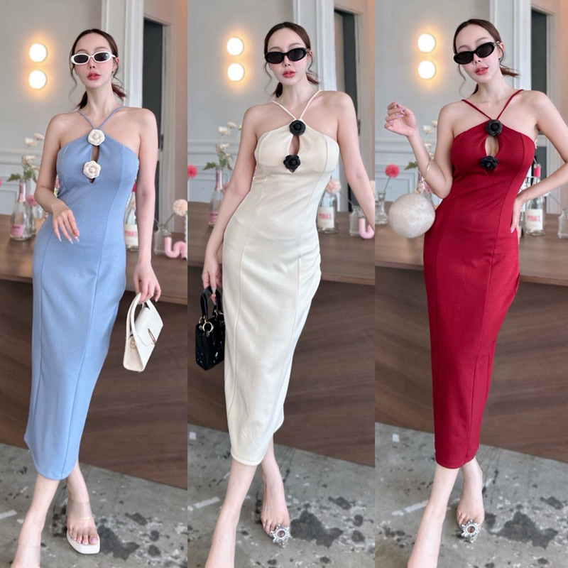 poshie (1252) flower dress เดรสยาวแต่งดอกไม้ที่อก