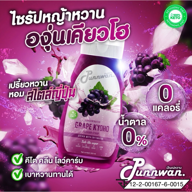 🔥(คีโต) KETO🔥 ไซรัปหญ้าหวาน รสองุ่น เคียวโฮ Grape Keto Syrup Sugar Free 320 ml