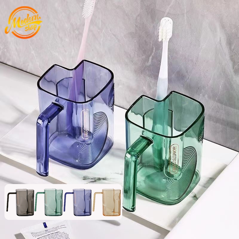 แก้วบ้วนปาก 4สี ถ้วยใส่แปรงสีฟัน แบบใส พร้อมที่จับ แปรงสีฟันแบบเก็บได้ มีช่องระบายน้ำ
