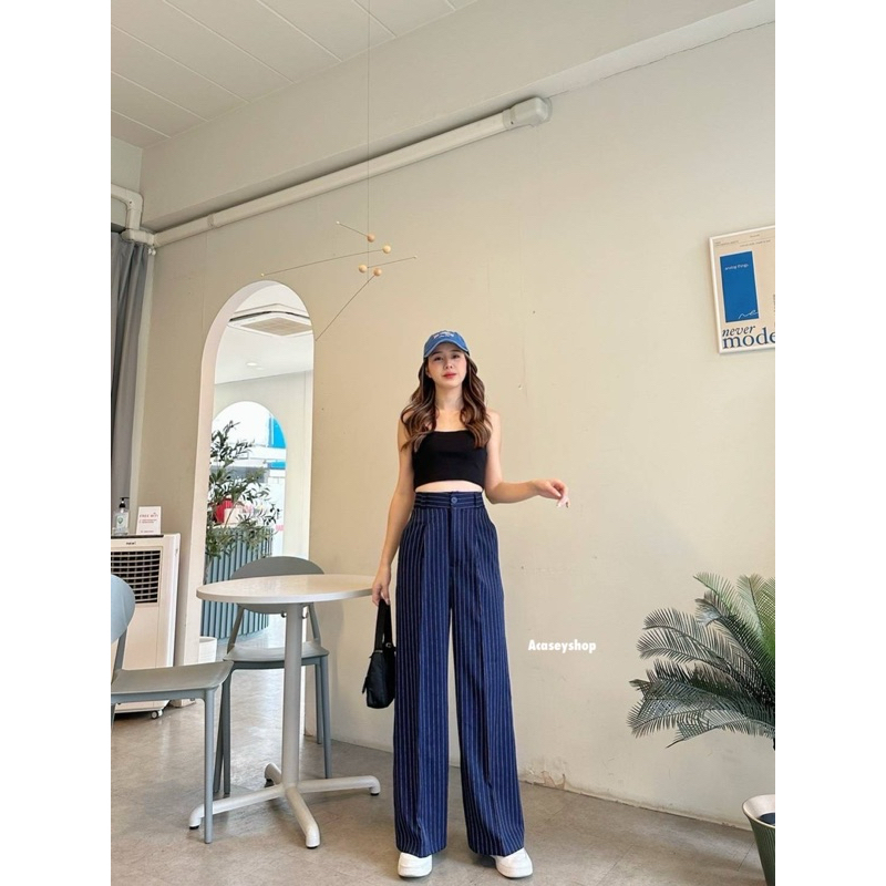 Acasey กางเกงขายาวผู้หญิง ลายริ้ว ขากระบอก กระดุมซิปหน้า ผ้าพริ้วทิ้งตัว ไซส์ S - 3XL  รุ่น ริ้วพลิ้ว - รูปที่ 5