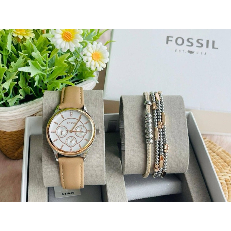 Fossil Modern Sophisticate Multifunction Tan Leather Watch And Jewelry Gift Set