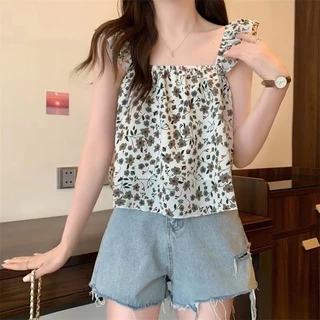 (ใหม่/พร้อมส่ง#M2251)เสื้อแฟชั่นสายเดี่ยวแบบวัยรุ่นลายดอกไม้น่ารัก เนื้อผ้าดี สไตส์เกาหลี