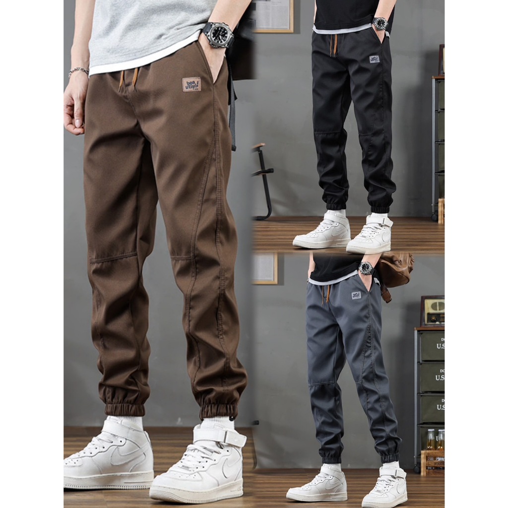 #054#L-5XL#กางเกงขายาวผู้ชายผ้าคอตตอนทรงขาจั้มงานปักสวยๆกางเกงแฟชั่นสไตล์เกาหลีเอวยางยืดใส่สบาย