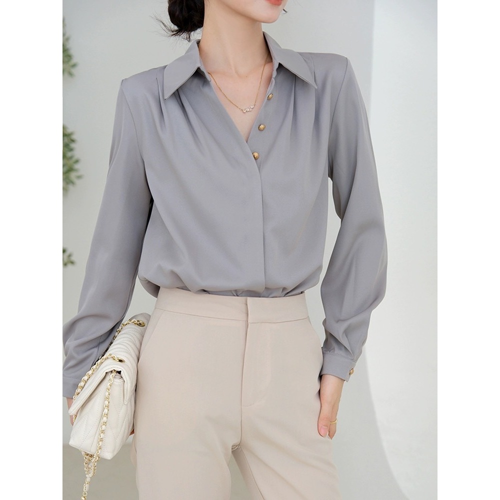 New Collection เสื้อทำงานผู้หญิงแขนยาว เนื้อผ้าซาตินลื่นเบาใส่สบาย ออกแบบสไตล์เกาหลี