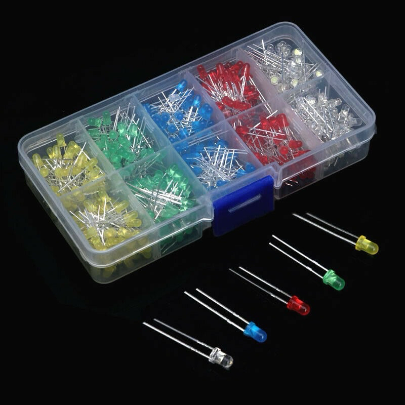 500PCS 3MM 5MM LED สีแดง เหลือง น้ำเงิน เขียว และสีขาว LED ไดโอดเปล่งแสงกล่อง 5 สี อย่างละ 100 ชิ้น