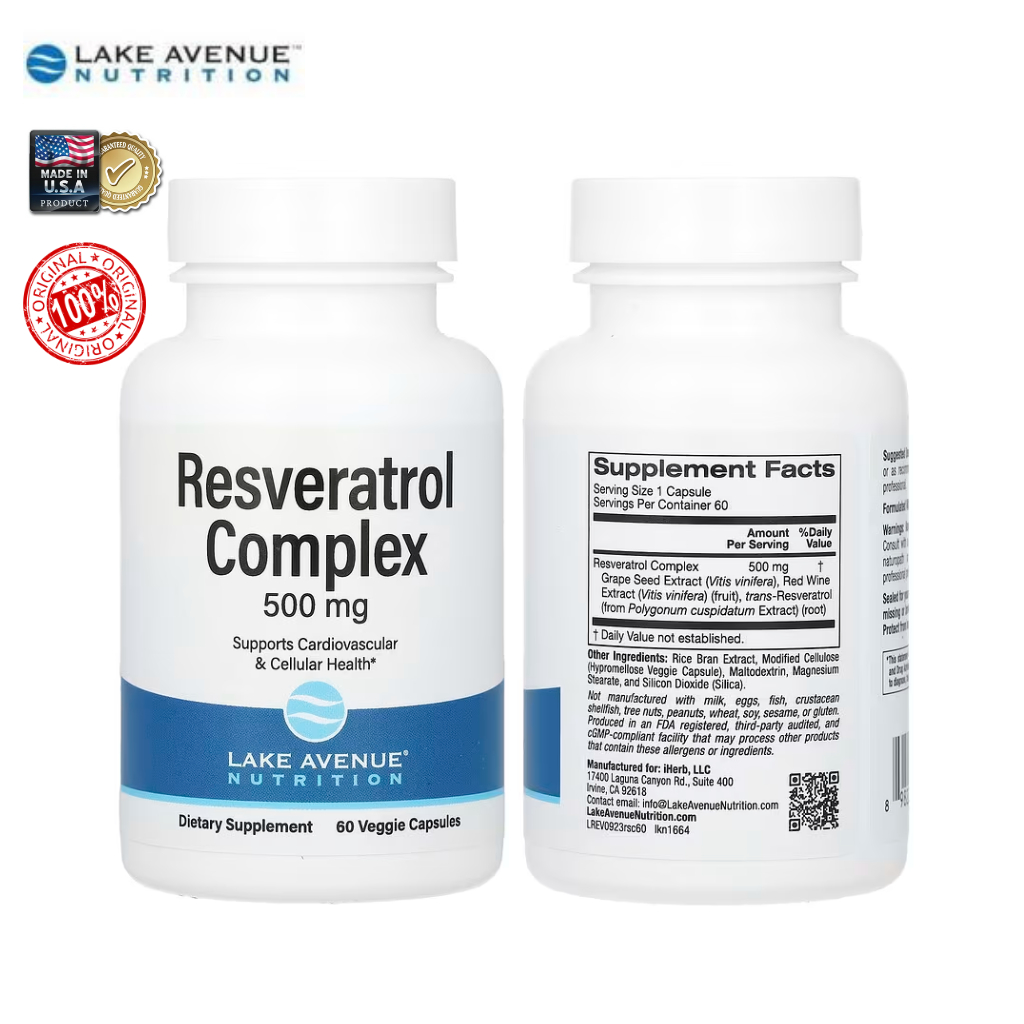 [พร้อมส่ง แท้100%] Lake Avenue Nutrition, Resveratrol Complex, 500 mg บำรุงสุขภาพหัวใจและหลอดเลือด (60 Veggie Capsules)