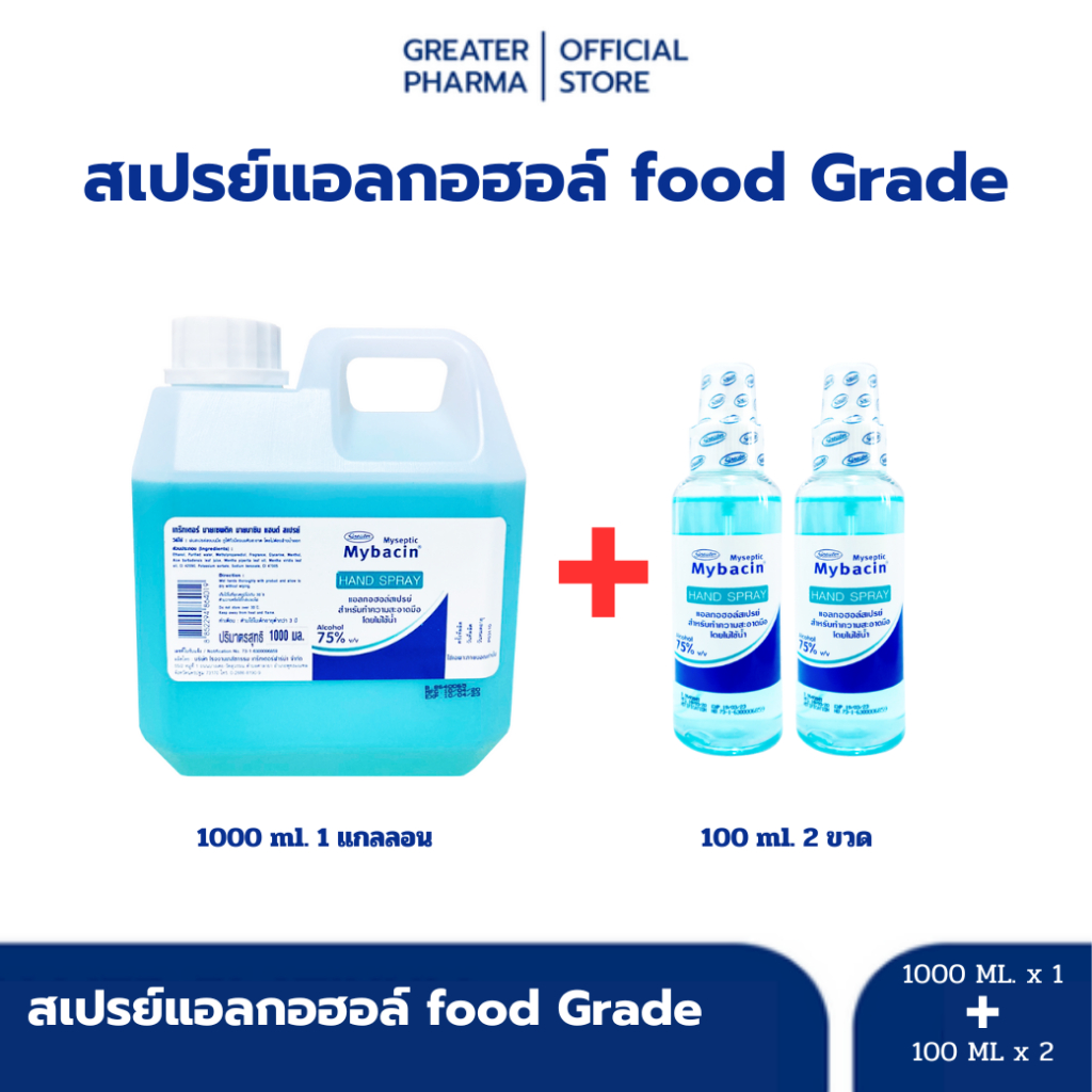 [Alcohol spary set]สเปรย์แอลกอฮอล์ 1000 ml 1 แกลอน + สเปรย์แอลกอฮอล์ 100 ml 2 ขวด Alcohol spar food greade_Greaterpharma