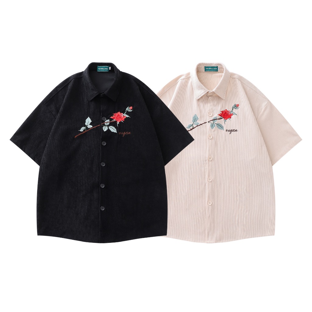 StylePop เสื้อเชิ๊ตแขนสั้น เสื้อเชิ๊ตผู้ชาย งานปัก ลายดอกไม้ ดอกกุหลาบ Premium MY ROSE 5512