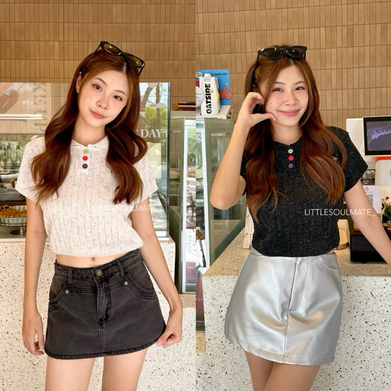 littlesoulmate เสื้อครอปไหมพรมคอปก ครอปเรนโบว์ กระดุมสีรุ้งสดใส(rango)