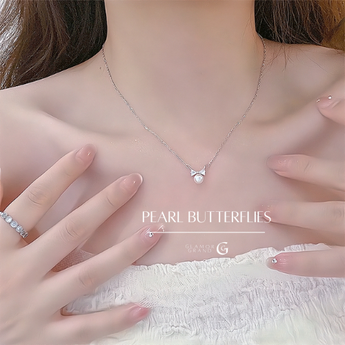 Glamor พร้อมส่ง สร้อยเงิน Pearl Butterflies สร้อยคอไข่มุกมีโบว์ ไข่มุกขาวนวล  สร้อยคอมุกสวยๆ สร้อยเงินแท้ สร้อยคอแฟชั่น