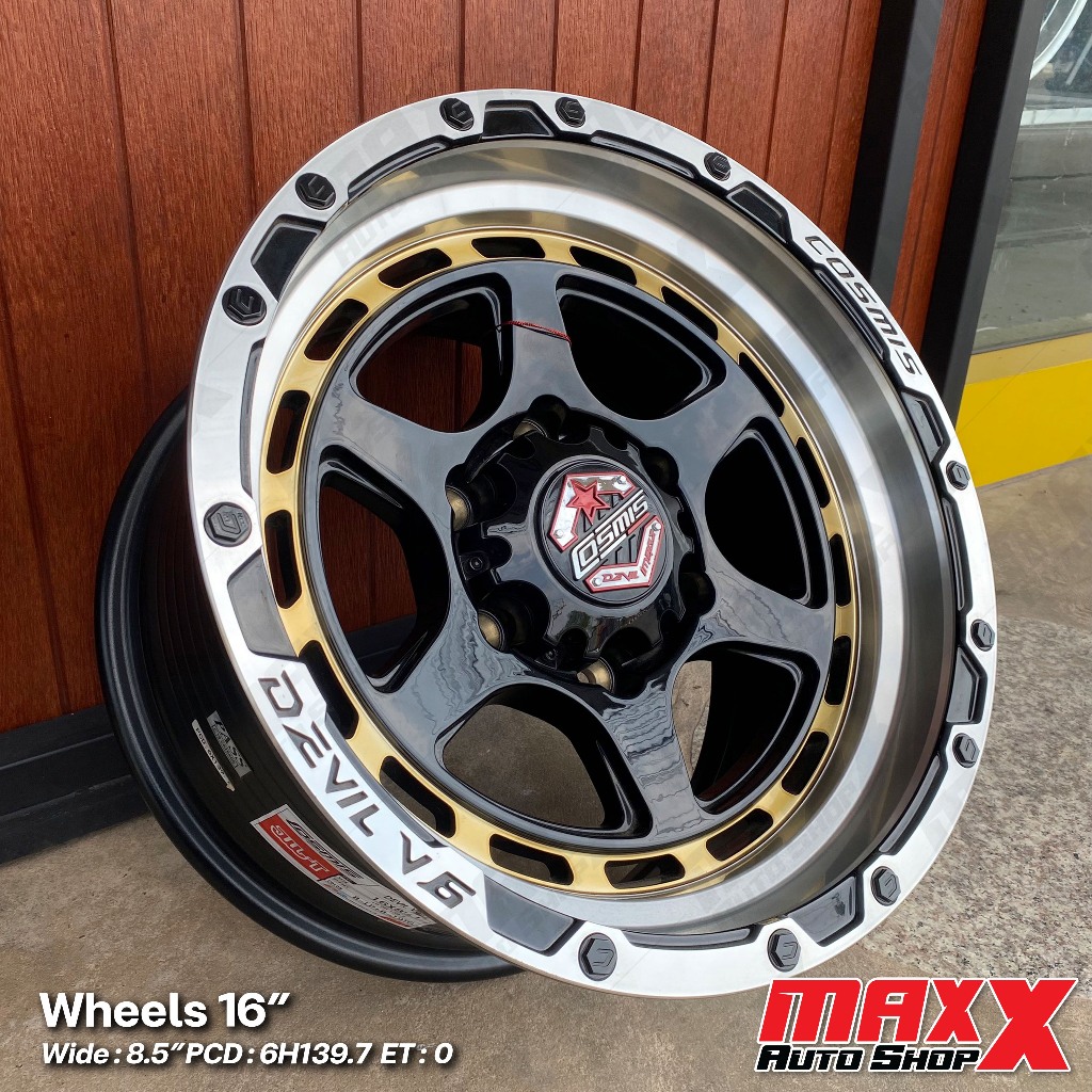 ล้อแม็ก OFFROAD - DEVIL V6 ขอบ 16x8.5" 6H139.7 ET 0 สีดำทองขอบเงิน ล้อใหม่ มือ1(ขายเป็นชุด 4 วง) COS