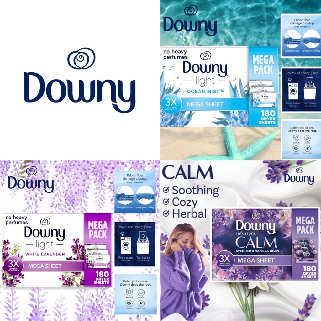 นำเข้า🇺🇸 แผ่นจัมโบ้ 3X เท่า Downy Light Mega Dryer Sheets, Ocean Mist,White Lavender 180 sheets