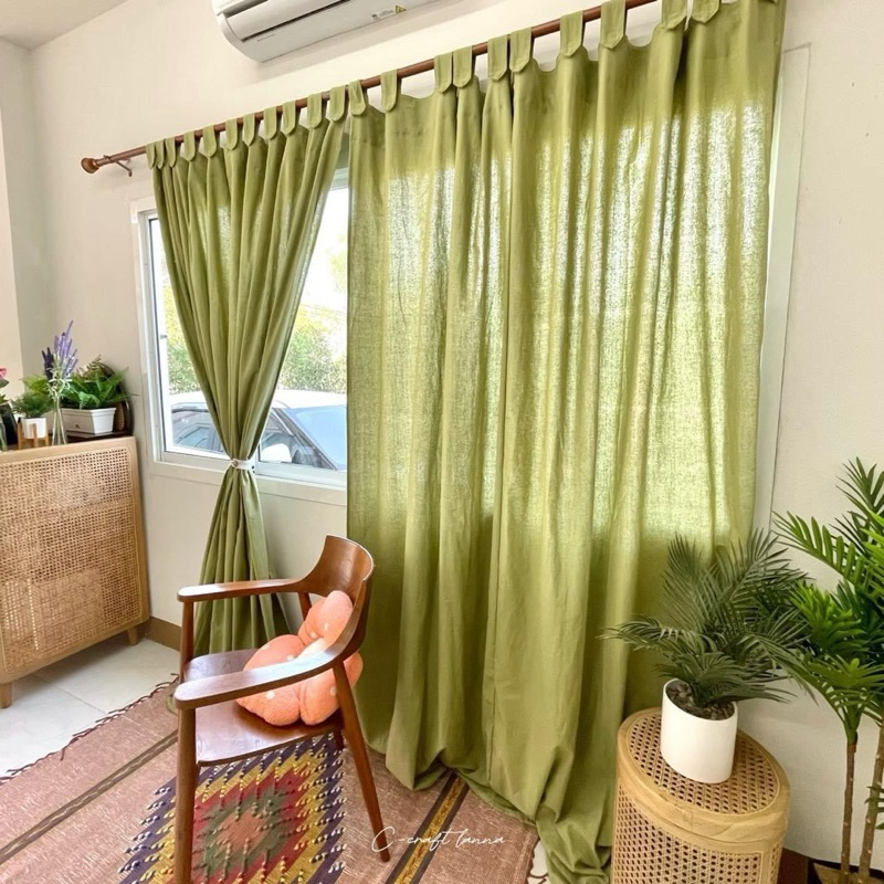 ผ้าม่านผ้าฝ้ายคอกระเช้าสีเขียว (MSหู) เนื้อผ้าฝ้ายพื้นเมือง เบาสบายมินิมอลมาก