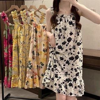 98-1ส่งจากไทย--ชุดนอนกระโปรงผู้หญิง มีฟองน้ำ พอมลาย เนื้อผ้าฝ้าย ใส่สบาย
