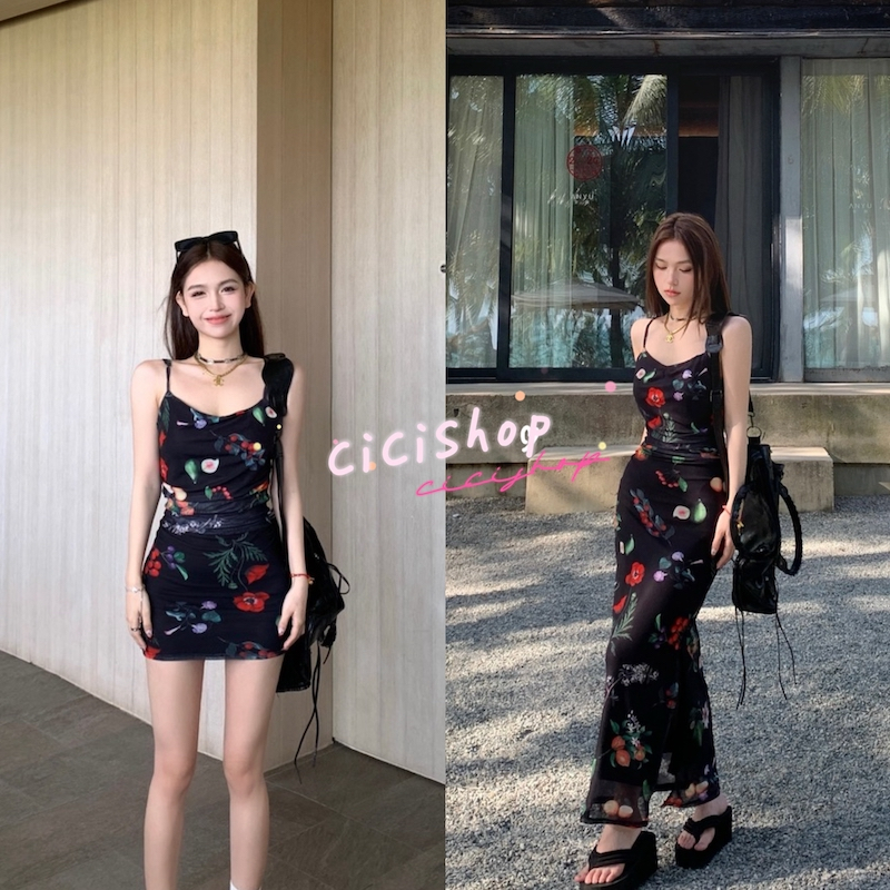 Cicishop(6012/6012-1)เดรสสั้น/ยาว สายเดี่ยวลายดอกได้ ผ้าชีฟอง สายปรับได้มีซับใน สไตล์ฝรั่งเศษ