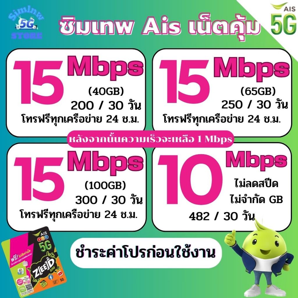 ซิมเทพ Ais ความเร็ว 15 - 20 Mbpsไม่อั้น + โทรฟรีทุกเครือข่าย 24 ช.ม. ชำระค่าโปรก่อนใช้งาน