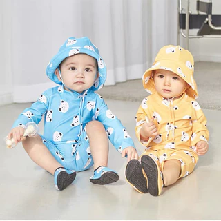 [ พร้อมส่ง ] ชุดว่ายน้ำเด็ก+ หมวก น่ารัก ใส่สบาย ป้องกันแสงแดด ลาดลายน่ารัก