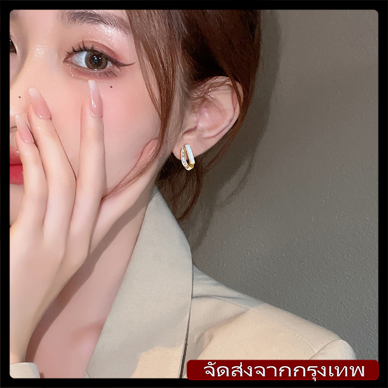 ต่างหูแฟชั่นเกาหลี แหวนครึ่งเปลือกหอยและหิน ต่างหูระดับไฮเอนด์สำหรับผู้หญิง ทันสมัย ​​เรียบง่าย วรรณกรรมและหลากหลาย