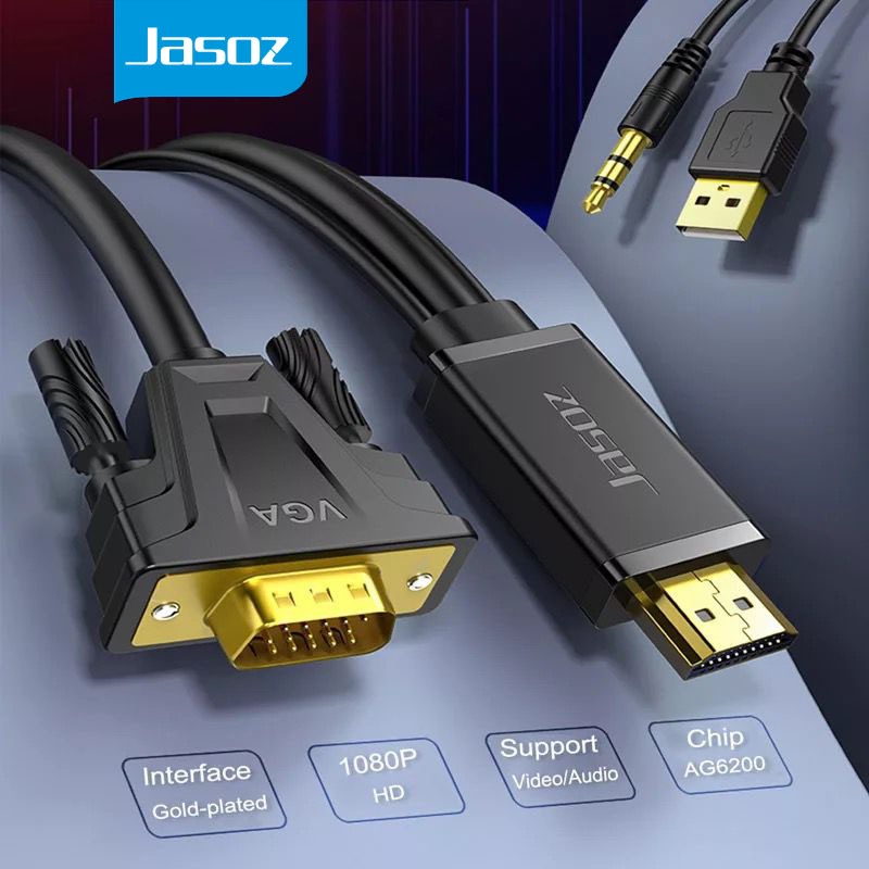 Jasoz สาย HDMI to VGA Cable 1080P พร้อม Audio Video HDMI ชายไปสาย VGA ชาย HDMI Adapter Converter
