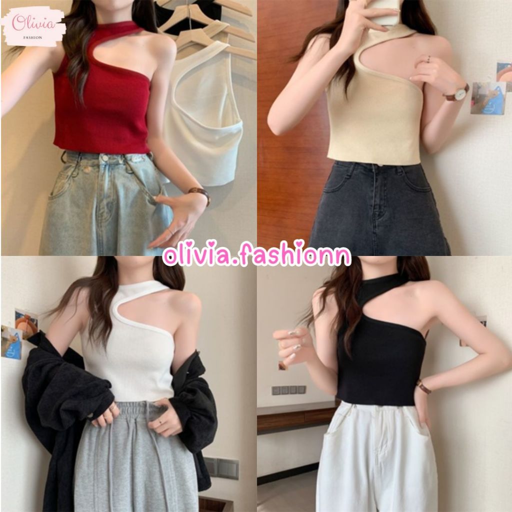 🍓Olivia🍓เสื้อครอป ผ้าไหมพรม  แขนกุดเว้าอก เซ็กซี่ สีพื้น เก็บขอบอย่างดี ผ้านุ่มไม่บาง #A43